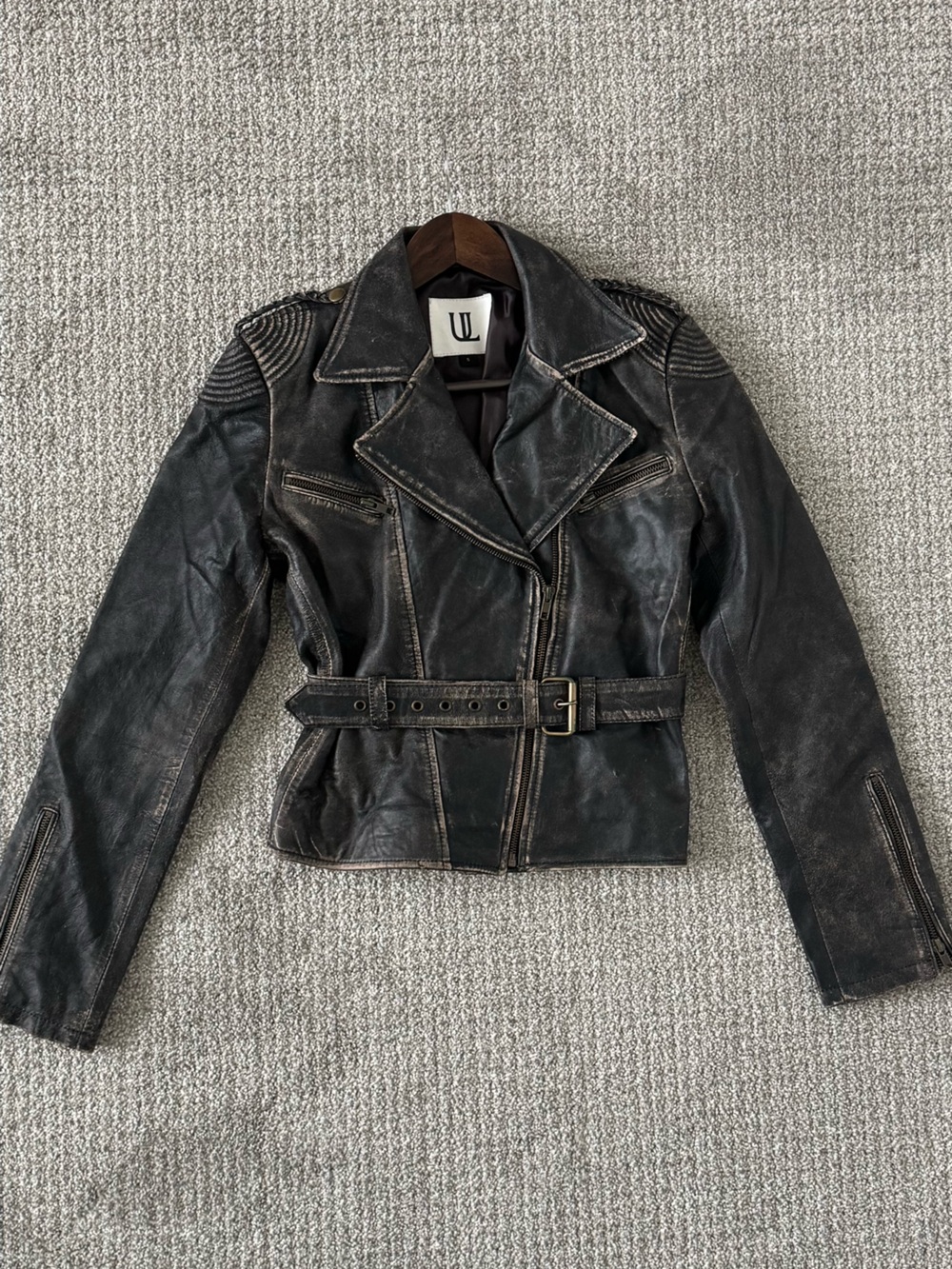 Vintage Understated Leather Black Leather Belted Jacket